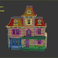 Playful Cartoon House Featuring Yellow Walls Orange Roof Blue Trim And Decorative Windows