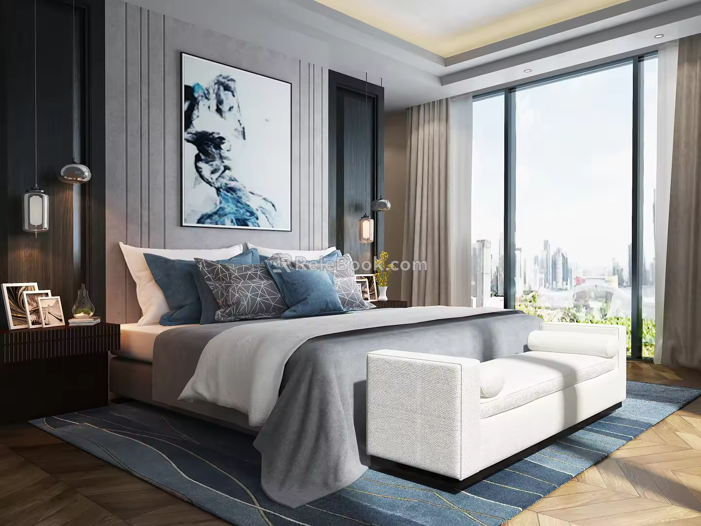 Modern background double bed 3d model