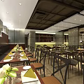 Modern Restaurant Interior With Wooden Tables Chairs And Ceiling Lighting Design