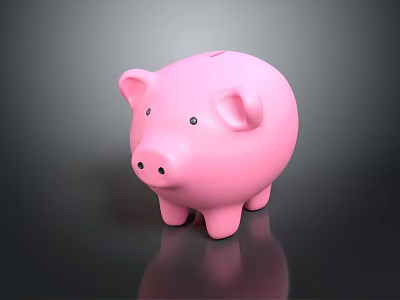 Decorative Ornament Set Featuring Pink Piggy Bank on Black Surface with Shiny Reflection 3d model