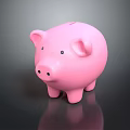 Decorative Ornament Set Featuring Pink Piggy Bank on Black Surface with Shiny Reflection