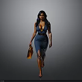 Confident Woman In Blue Fitted Dress Walking With Brown Handbag