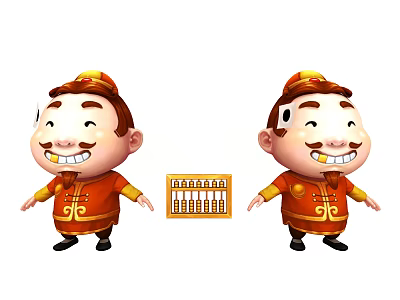 Two Cartoon Game Movie Characters In Red Traditional Costumes With Abacus And Smiles 3d model
