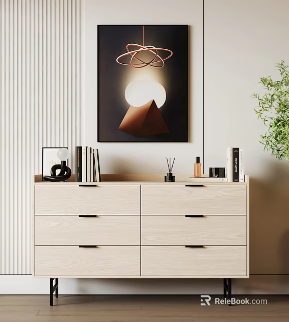 Light Wood Entryway Console Table With Books Decorative Items And Abstract Wall Art 3d model 
