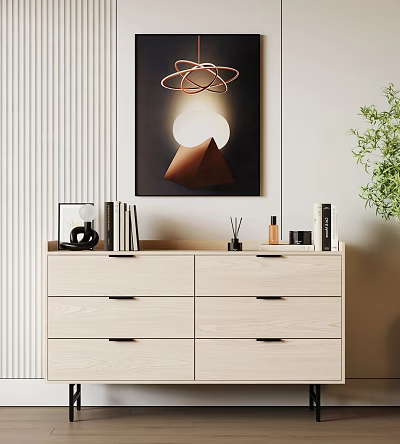 Light Wood Entryway Console Table With Books Decorative Items And Abstract Wall Art 3d model