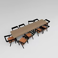Modern Wooden Long Dining Table with Black Frame Chairs and Brown Seats