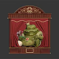 Green Frog Puppet On Red Curtain Stage With Decorative Wooden Theater Frame