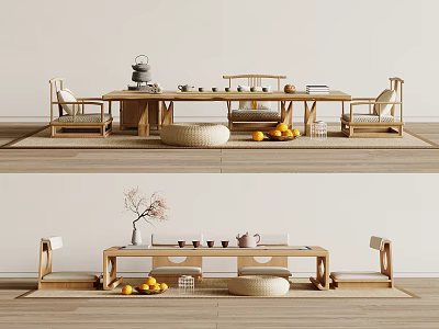 Minimalist Wooden Tea Table and Chairs with Tea Set Fruits Vase and Cushions 3d model