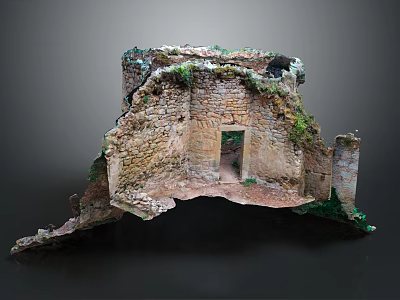 Cartoon Scene of Ancient Castle Ruins with Stone Walls and Green Plants 3d model