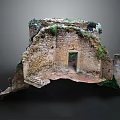 Cartoon Scene of Ancient Castle Ruins with Stone Walls and Green Plants