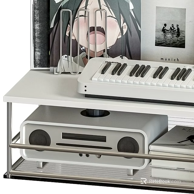 Modern Speaker System on White Shelf with Keyboard and Decorative Posters in Room Setup 3d model 