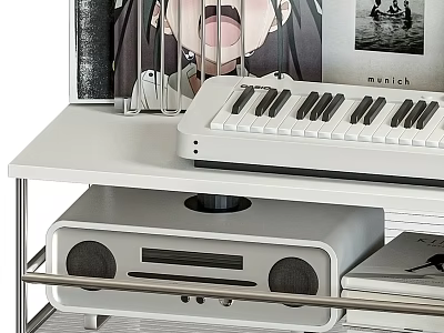 Modern Speaker System on White Shelf with Keyboard and Decorative Posters in Room Setup 3d model