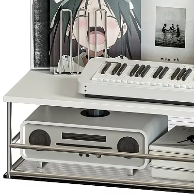 Modern Speaker System on White Shelf with Keyboard and Decorative Posters in Room Setup 3d model