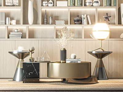 Modern Coffee Table With Gold Metal Frame Marble Top Decorative Vase And Table Lamp 3d model