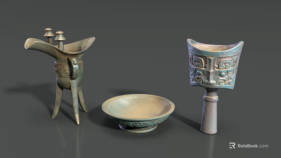Ancient Bronze Sculptures Including Jue Vessel Plate And Gu With Intricate Carvings 3d model 