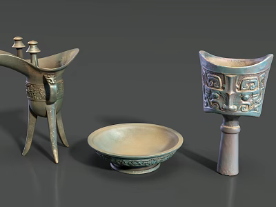 Ancient Bronze Sculptures Including Jue Vessel Plate And Gu With Intricate Carvings 3d model