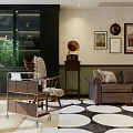Cozy Dining and Living Room Interior With Wooden Table Tableware Vase Framed Pictures And Staircase