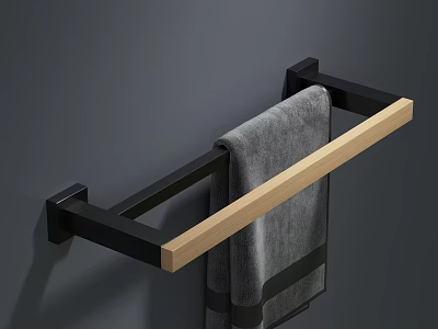 Modern Bathroom Towel Rack with Black Metal Frame and Wooden Hanging Bar Holding Grey Towel 3d model
