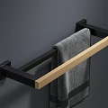Modern Bathroom Towel Rack with Black Metal Frame and Wooden Hanging Bar Holding Grey Towel