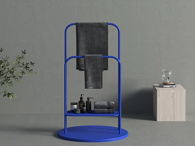 Blue Floor Towel Rack with Hanging Grey Towels Tray Toiletries Near Wooden Table Green Plant 3d model