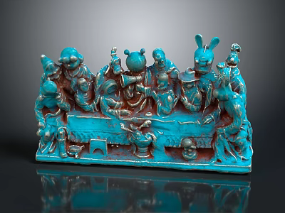 Turquoise Traditional Sculpture With Multiple Elaborate Figures And Decorative Scene 3d model