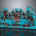 Turquoise Traditional Sculpture With Multiple Elaborate Figures And Decorative Scene