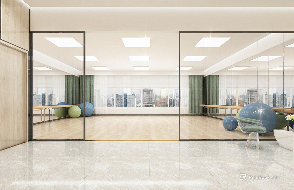 Spacious Modern Fitness Studio With Large Windows City View Green Curtains And Colorful Exercise Balls 3d model 