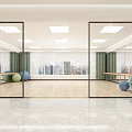 Spacious Modern Fitness Studio With Large Windows City View Green Curtains And Colorful Exercise Balls