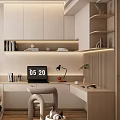 Modern Tatami Bedroom Interior With Storage Cabinets Desk Decorative Painting And Soft Lighting