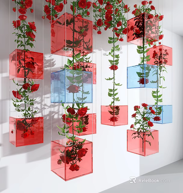 Hanging Transparent Cubes With Red Roses Blue Accents And Green Leaves Decor 3d model 