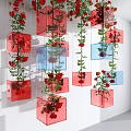 Hanging Transparent Cubes With Red Roses Blue Accents And Green Leaves Decor