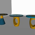 Three Round Dining Tables With Different Colored Bases And Circular Patterned Tops On 3d model