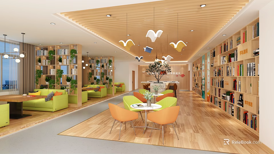 Cozy Reading Space Interior With Green Sofas Orange Chairs And Wooden Bookshelves 3d model 