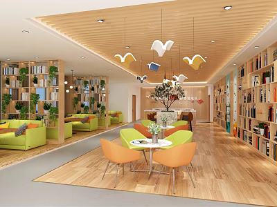 Cozy Reading Space Interior With Green Sofas Orange Chairs And Wooden Bookshelves 3d model