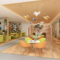 Cozy Reading Space Interior With Green Sofas Orange Chairs And Wooden Bookshelves