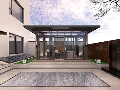 Modern Courtyard Glass Pavilion With Wooden Frame And Outdoor Seating Slate Floor 3d model