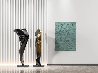 Modern Abstract Standing Sculptures And Green Relief Carving On White Vertical Striped Wall 3d model