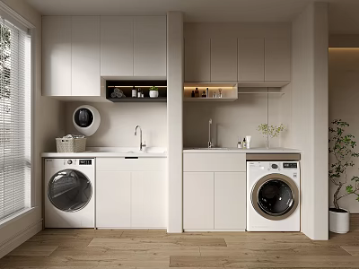 Modern Bathroom Vanity Cabinet in White with Washing Machine Dryer Wooden Flooring and Plant Decoration 3d model