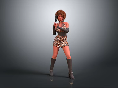 Stylish Woman With Curly Hair Wearing Leopard Print Mini Dress Black Gloves Knee High Boots 3d model