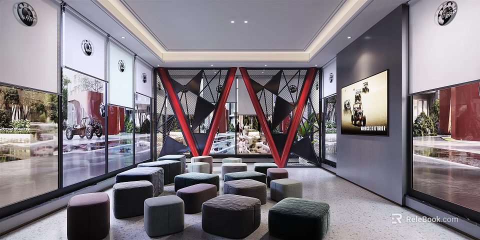Modern Luxury Conference Room Featuring Geometric Partition Circular Stools And Floor To Ceiling Windows 3d model 