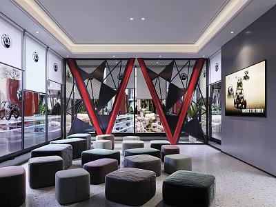 Modern Luxury Conference Room Featuring Geometric Partition Circular Stools And Floor To Ceiling Windows 3d model