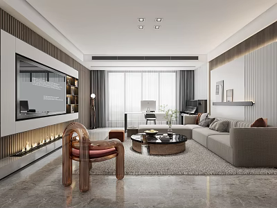 Elegant Modern Living Dining Room Interior With Gray Sofa Coffee Table And TV Wall 3d model