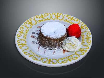 Warm Chocolate Lava Cake With Powdered Sugar Strawberry And Whipped Cream On Decorative White Plate 3d model