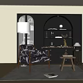 Elegant Dark Study Room Interior With Bookshelves Decorative Sculptures And Patterned Armchair