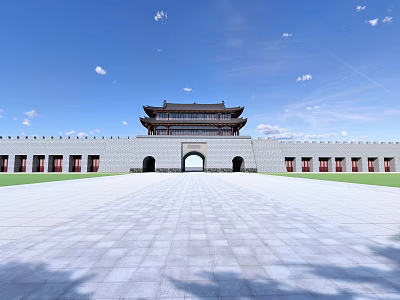 Ancient Architecture City Gate Tower With Traditional Design And Open Plaza Under Blue Sky 3d model