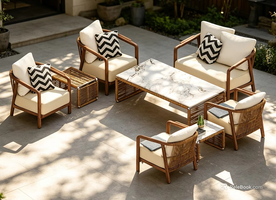 Patio Wicker Sofa With White Cushions Black White Checkered Pillows And Marble Top Coffee Table 3d model 
