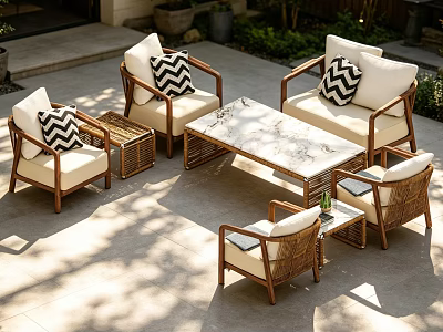 Patio Wicker Sofa With White Cushions Black White Checkered Pillows And Marble Top Coffee Table 3d model