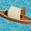 Wooden Boat With Canvas Canopy And Wooden Oar On Blue Rippled Water