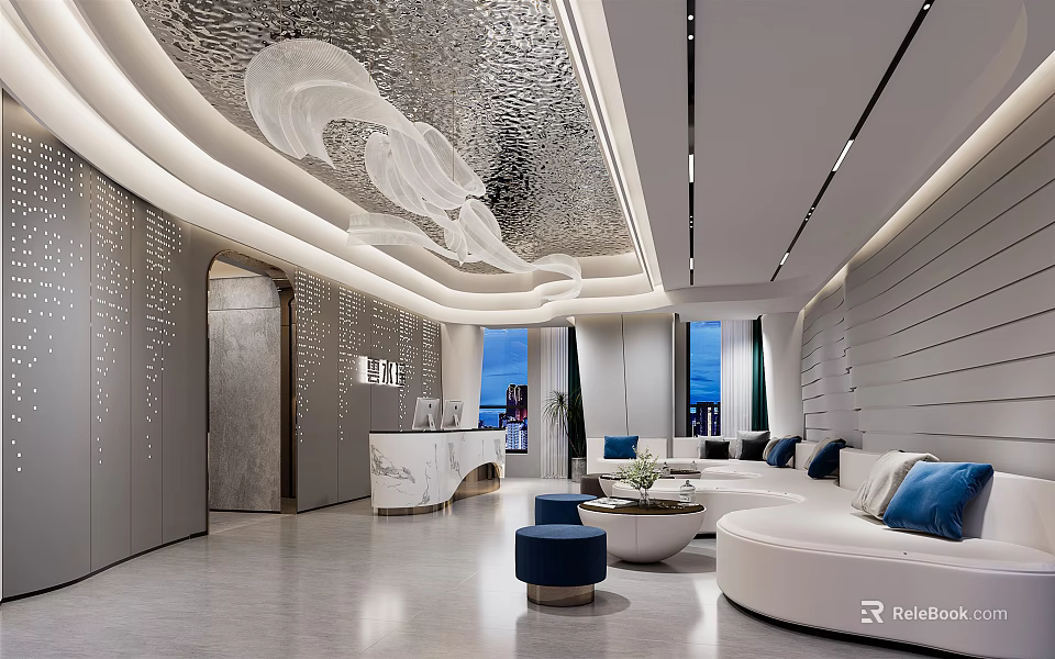 Modern Shop Front Desk Interior Design With Marble Counter Sofa Area And Decorative Lighting 3d model 