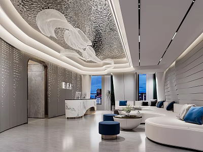 Modern Shop Front Desk Interior Design With Marble Counter Sofa Area And Decorative Lighting 3d model